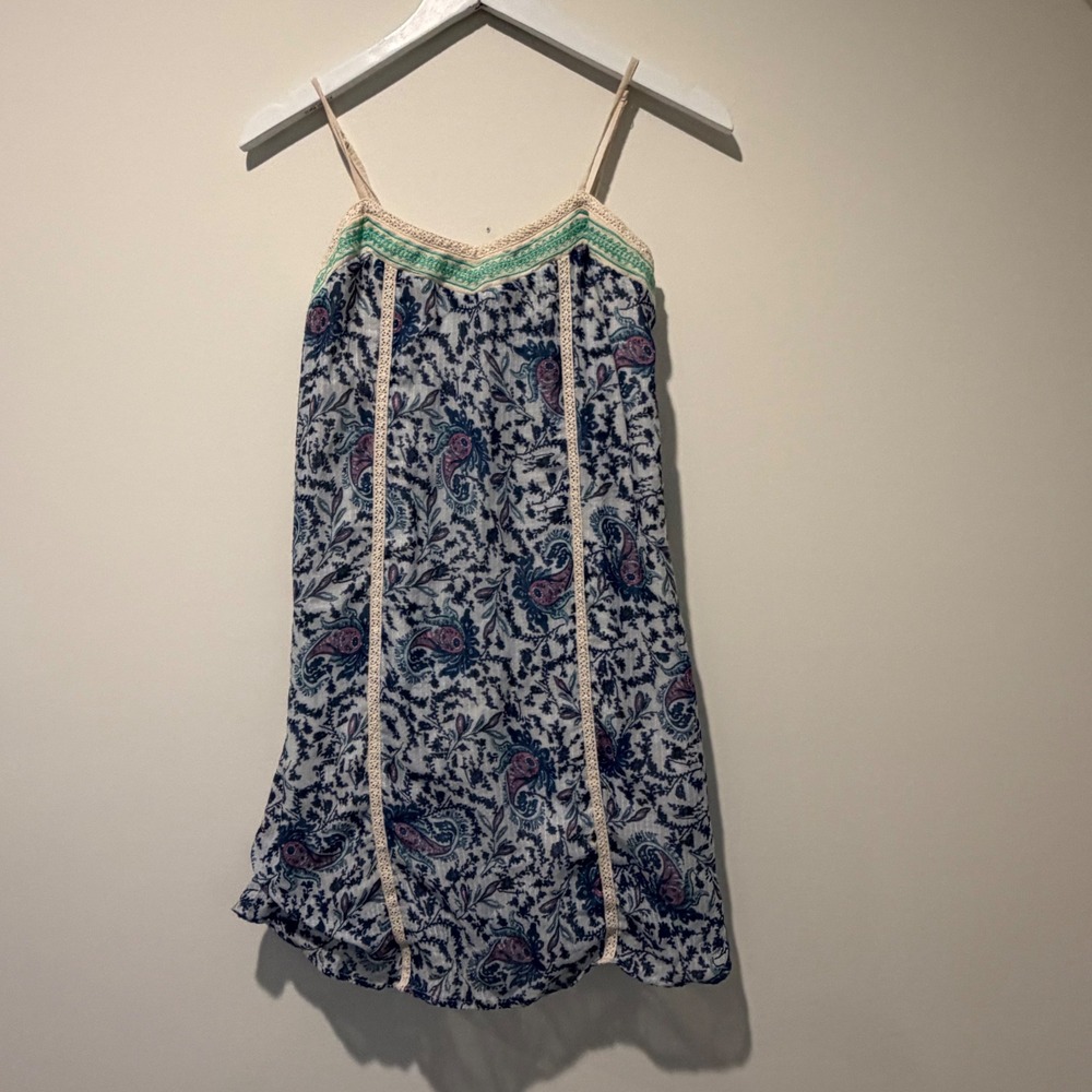 Maude Women Blue Paisley Boho Mini Dress Crochet Trim Embroidered Small ID12229
